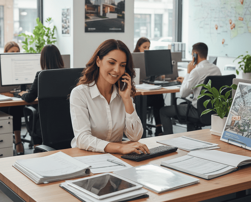 Mujer atendiendo una llamada de venta de inmueble en puebla